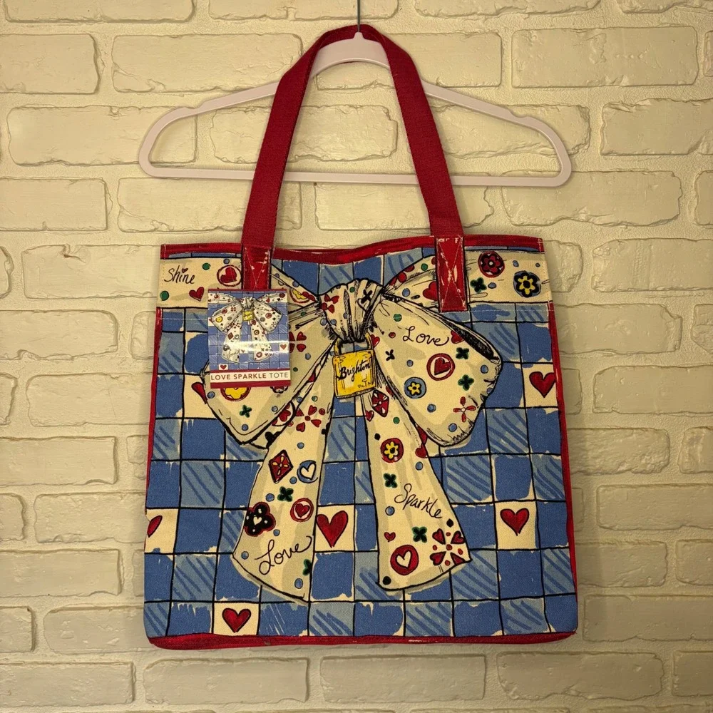 NWT‎ Brighton Sparkle Love Canvas Tote Bow Cherry Cat Print New MSRP $150